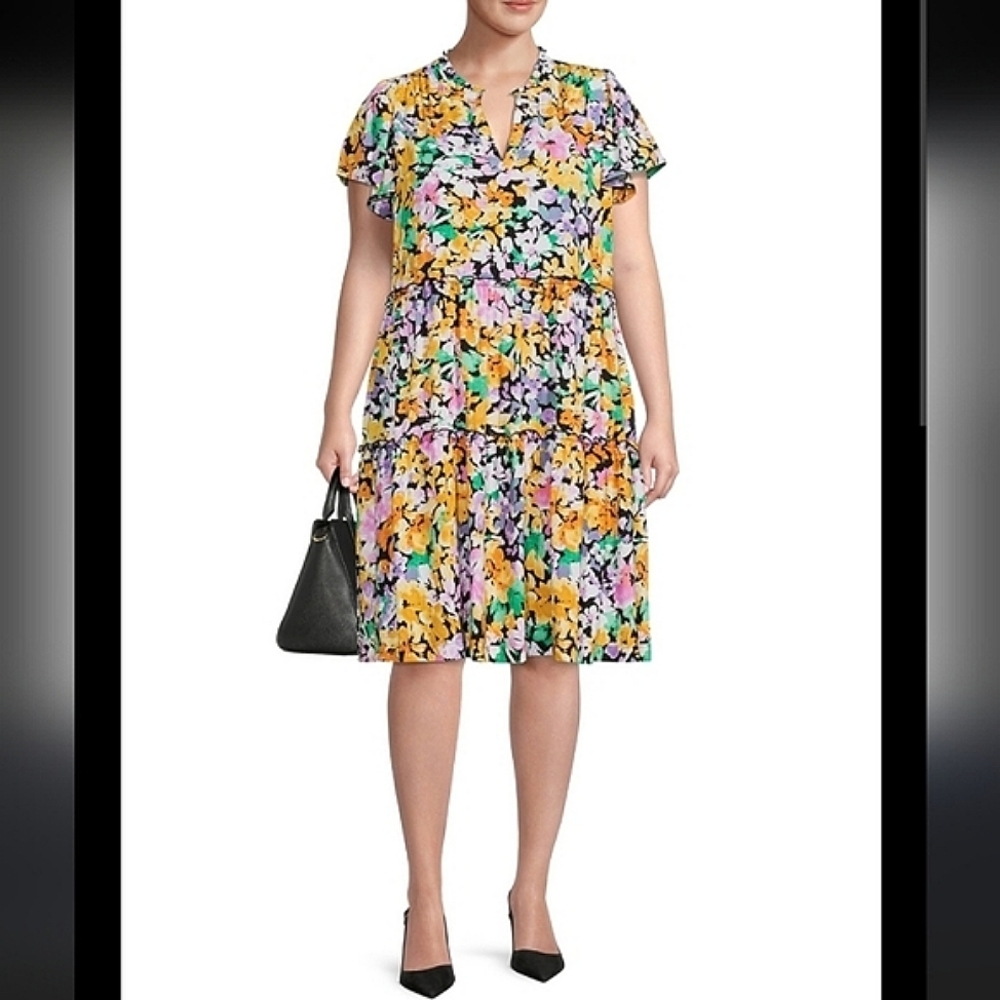 Terra & Sky Floral V-Neck Tiered Women's Dress SIZE: 2X (20W-22W)